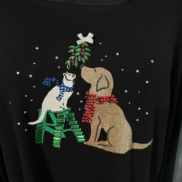 Karen Scott Womens Top XXL Black Holiday 3/4 Sleeve Embellished Dog Cat Retro - Picture 2 of 9